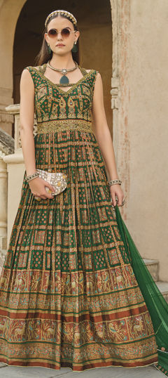Green color Gown in Silk fabric with Bugle Beads, Mirror, Sequence, Stone work