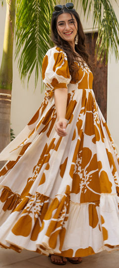 Beige and Brown, White and Off White color Gown in Rayon fabric with Printed work