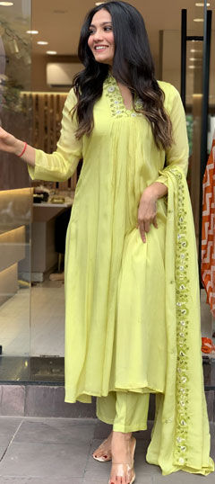 Yellow color Salwar Kameez in Viscose fabric with Embroidered, Sequence, Thread work