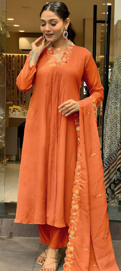 Orange color Salwar Kameez in Viscose fabric with Embroidered, Sequence, Thread work