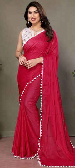 Pink and Majenta color Saree in Polyester Silk fabric with Embroidered, Sequence, Thread work