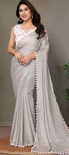 Black and Grey color Saree in Polyester Silk fabric with Embroidered, Sequence, Thread work