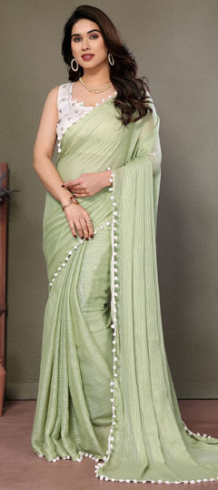 Green color Saree in Polyester Silk fabric with Embroidered, Sequence, Thread work