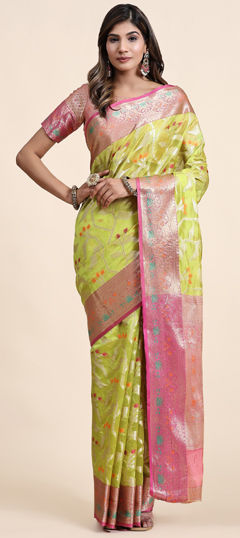 Yellow color Saree in Organza Silk fabric with Weaving work