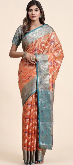 Pink and Majenta color Saree in Organza Silk fabric with Weaving work