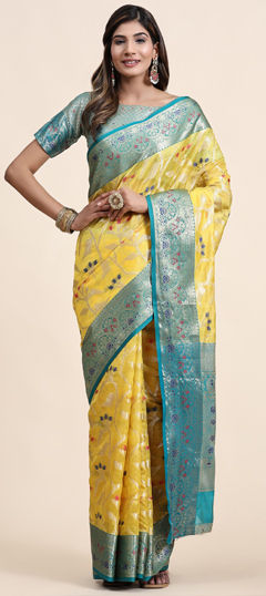 Yellow color Saree in Organza Silk fabric with Weaving work