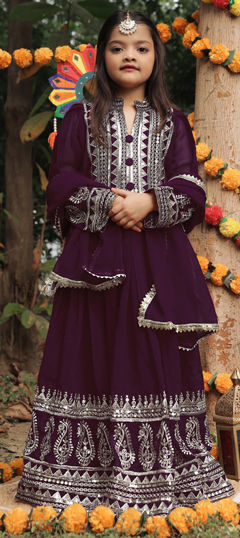 Purple and Violet color Girls Gown in Faux Georgette fabric with Embroidered, Sequence work