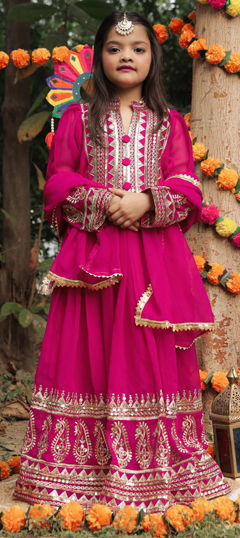 Pink and Majenta color Girls Gown in Faux Georgette fabric with Embroidered, Sequence work