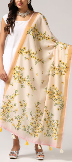 White and Off White color Dupatta in Linen fabric with Digital Print, Floral work