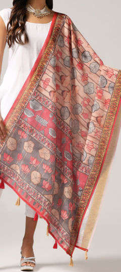 Pink and Majenta color Dupatta in Linen fabric with Digital Print, Floral work