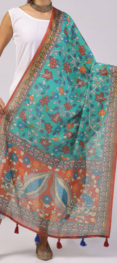 Green color Dupatta in Linen fabric with Digital Print, Floral work