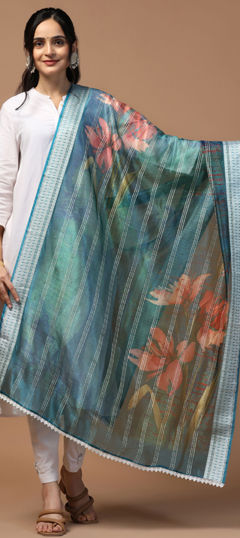 Blue color Dupatta in Organza Silk fabric with Digital Print, Floral, Weaving work