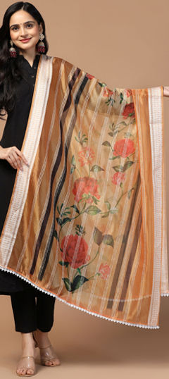 Pink and Majenta color Dupatta in Organza Silk fabric with Digital Print, Floral, Weaving work