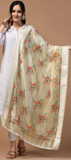 White and Off White color Dupatta in Organza Silk fabric with Digital Print, Floral, Weaving work