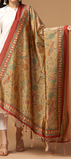 Beige and Brown color Dupatta in Art Silk fabric with Digital Print work