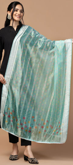 Green color Dupatta in Organza Silk fabric with Digital Print, Floral, Weaving work