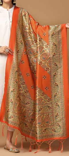 Orange color Dupatta in Art Silk fabric with Digital Print work