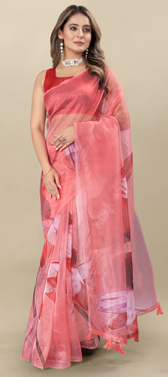 Red and Maroon color Saree in Organza Silk fabric with Digital Print, Floral work