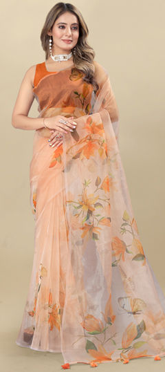 Orange color Saree in Organza Silk fabric with Digital Print, Floral work