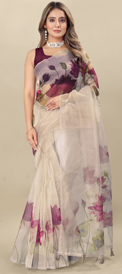 Purple and Violet color Saree in Organza Silk fabric with Digital Print, Floral work