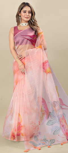 Purple and Violet color Saree in Organza Silk fabric with Digital Print, Floral work