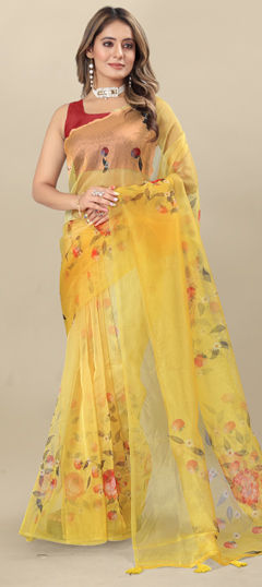 Yellow color Saree in Organza Silk fabric with Digital Print, Floral work