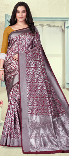 Red and Maroon, Silver color Saree in Art Silk fabric with Weaving work