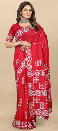 Red and Maroon color Saree in Poly cotton fabric with Digital Print work