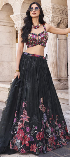 Black and Grey color Ready to Wear Lehenga in Silk fabric with Printed, Sequence work