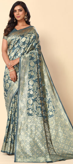 Black and Grey color Saree in Blended, Silk fabric with Weaving, Zari work