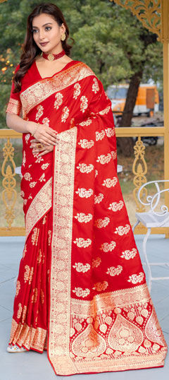 Orange color Saree in Banarasi Silk fabric with Weaving work