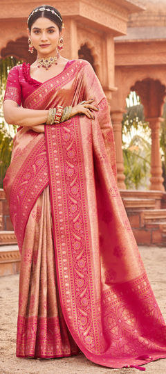 Pink and Majenta color Saree in Banarasi Silk fabric with Weaving work