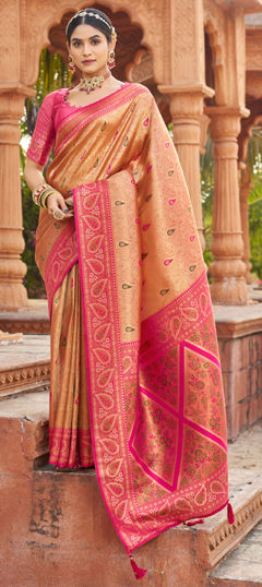 Beige and Brown color Saree in Banarasi Silk fabric with Weaving work