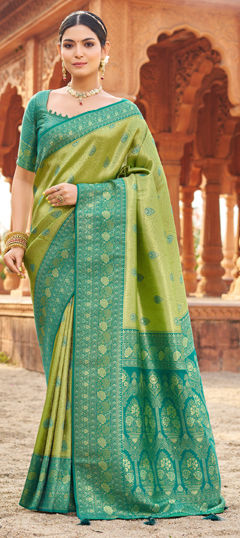 Blue, Green color Saree in Banarasi Silk fabric with Weaving work