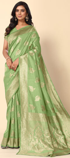 Green color Saree in Blended fabric with Weaving work