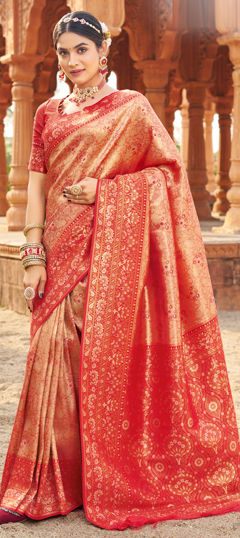 Beige and Brown color Saree in Banarasi Silk fabric with Weaving work