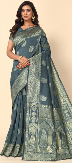 Black and Grey color Saree in Blended fabric with Weaving, Zari work