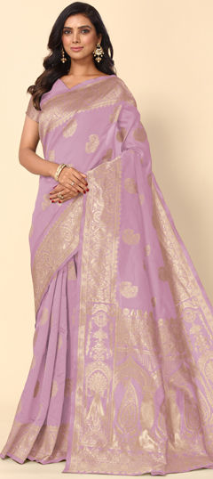 Pink and Majenta color Saree in Blended fabric with Weaving, Zari work