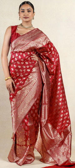 Red and Maroon color Saree in Blended fabric with Weaving, Zari work