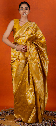 Yellow color Saree in Blended, Silk fabric with Weaving, Zari work