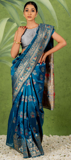 Blue color Saree in Blended, Silk fabric with Weaving, Zari work