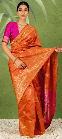 Orange color Saree in Blended, Silk fabric with Weaving, Zari work