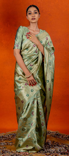 Green color Saree in Blended, Silk fabric with Weaving, Zari work