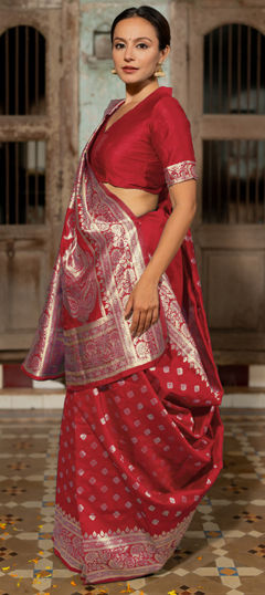 Red and Maroon color Saree in Blended, Silk fabric with Weaving work