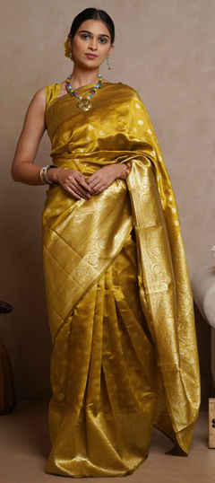 Gold color Saree in Blended, Silk fabric with Weaving work