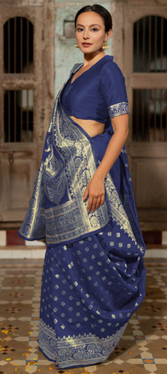 Blue color Saree in Blended, Silk fabric with Weaving work