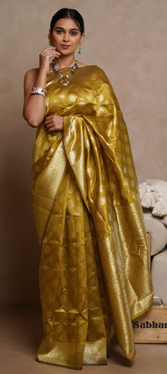 Gold color Saree in Blended, Silk fabric with Weaving work