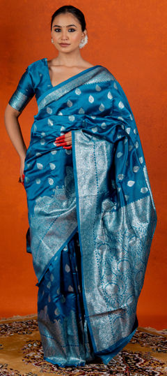 Blue color Saree in Blended fabric with Weaving, Zari work