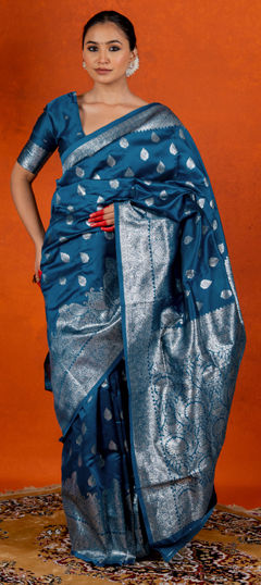 Blue color Saree in Blended fabric with Weaving, Zari work