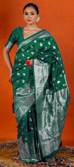 Green color Saree in Blended fabric with Weaving, Zari work